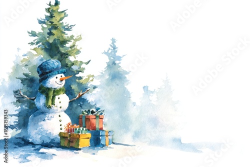 Watercolor New Year's illustration, a New Year's snowman with gifts. AI generative.