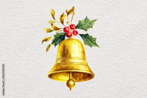 Watercolor New Year's illustration, a golden New Year's bell on a white background. AI generative.