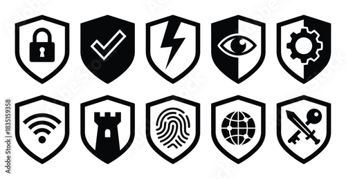 Shield icons for security, protection, privacy, and defense. Vector symbols.