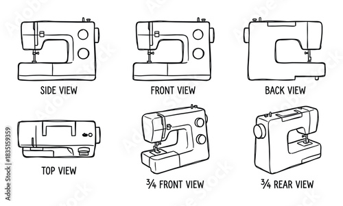 Sewing machine in different perspectives. Detailed outlines of a crafting tool. Viewpoint set for hobby.