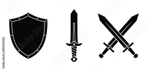 Shield, sword, and crossed swords. Medieval weapon and defense illustrations.