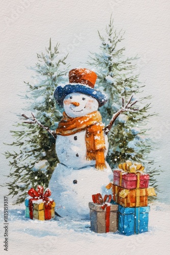 Watercolor New Year's illustration, a New Year's snowman with gifts. AI generative.