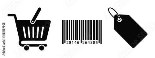 Shopping cart icon. Barcode icon. Price tag icon. Retail symbols. Commerce and market elements.