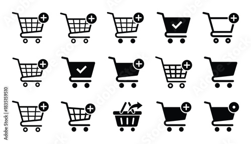 Shopping cart icons for e-commerce. Add to cart, checkout, and purchase symbols for online stores.