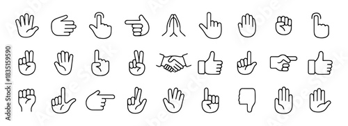 Hand gesture outline icon set. Minimal line hand signs collection. Editable stroke. Human hand gesture symbols
