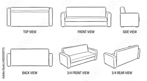 Sofa in different perspectives. Detailed outlines of a living room furniture. Viewpoint set for home decor.