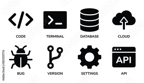 Software development icons. Programming symbols. Code terminal database cloud bug version settings and API.