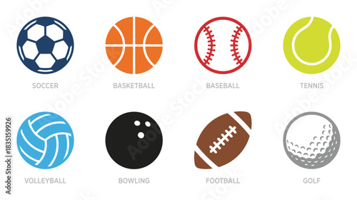 Sports balls vector icons. Athletic equipment for soccer, basketball, baseball, tennis, volleyball, bowling, football, golf game.