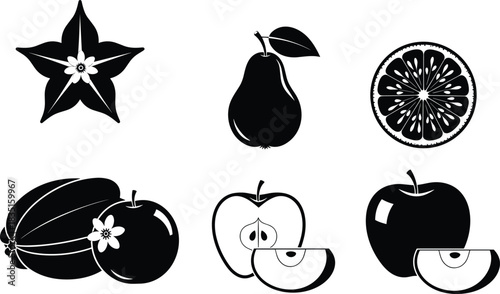 Black and white stylized fruit icons including apple, pear, citrus, plum, melon, and starfruit for design and education use