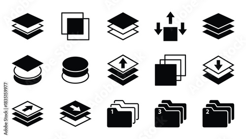 Stacked layers, overlapping layers, and folders icons. Data organization. User interface. Document management.