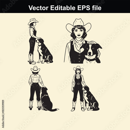 vector illustration set featuring a cowgirl wearing a cowboy hat and boots posing with her loyal border collie dog in various stances, perfect for western themes