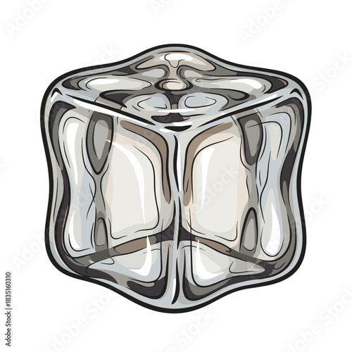 Transparent ice cube with reflections on white background  