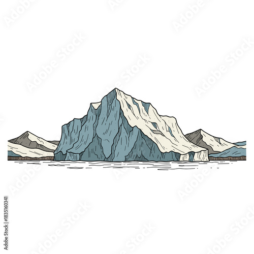 Iceberg floating in the Arctic landscape with snow-capped mountains  