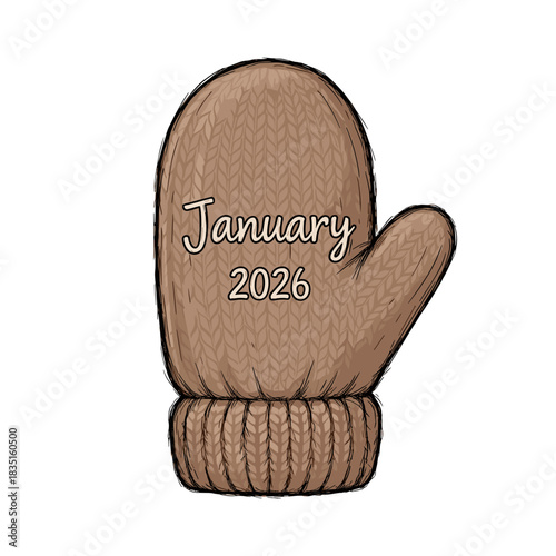 January 2026 calendar illustrated on a knitted woolen mitten  