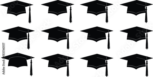 Black graduation caps with tassels in grid layout on white background symbolizing academic success, education milestone, and celebration vector.