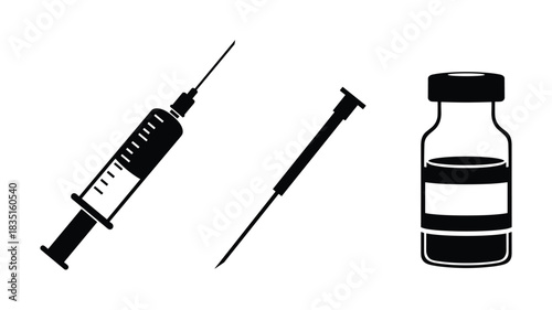 Syringe, needle, and vial representing medical injections, vaccinations, and pharmaceutical treatments
