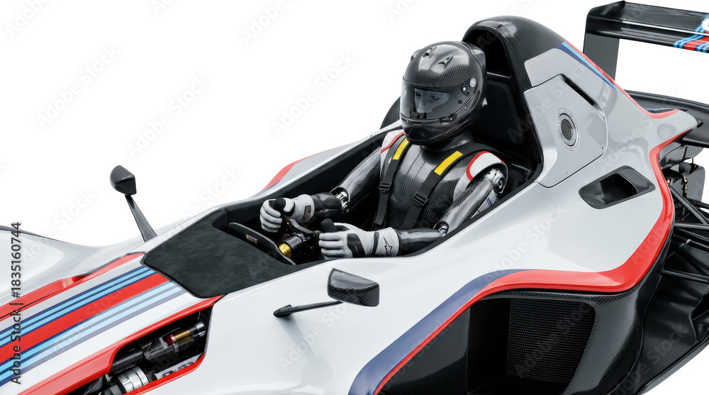 Fototapeta premium Formula 1 Race Car Driver In Cockpit Wearing Helmet And Racing Suit White Car With Red White And Blue Stripes Transparent Background High Detail Speed Competition Professional