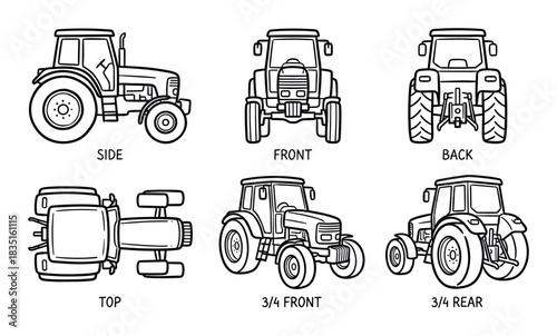Tractor outline drawing set. Agricultural vehicle from different perspectives. Farm machine illustration.