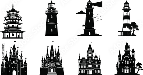 Black Silhouette Set of Fantasy Castles, Majestic Lighthouses, and Traditional Asian Pagoda Towers: Vector Architecture Collection for Travel Design.