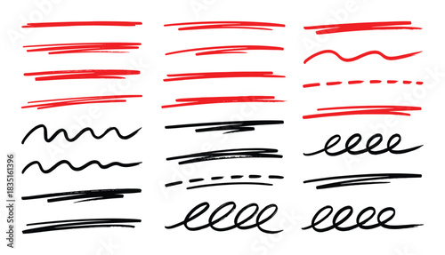Variety of hand drawn underlines and scribbles. Red and black marker lines. Vector elements.