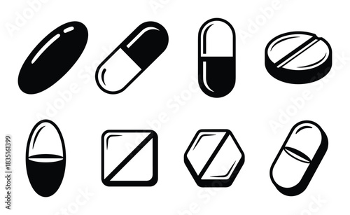 Various pharmaceutical forms such as capsules and tablets in black and white for health and medicine graphics.
