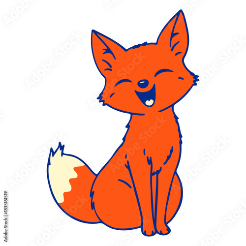 Cartoon illustration of a happy orange fox sitting with a white tipped tail and smiling widely with joy