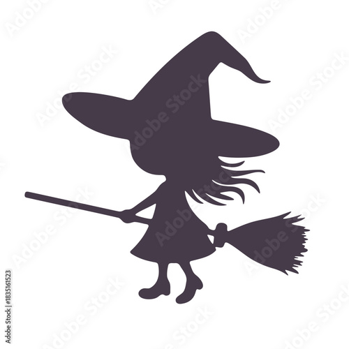 Silhouette of a witch wearing a hat and riding a broomstick against a white background illustration