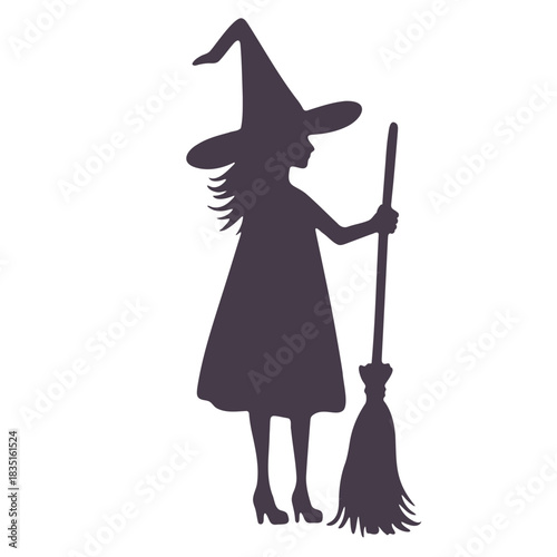 Silhouette of a witch with a pointy hat holding a broom standing on a white background in vector art