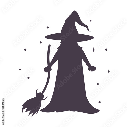 Silhouette of a witch with a pointy hat and broom surrounded by stars on a white background image
