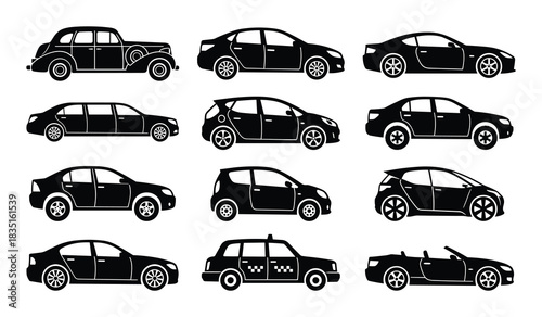 Various car models and vehicle black icons. Transportation and automotive industry vector collection.