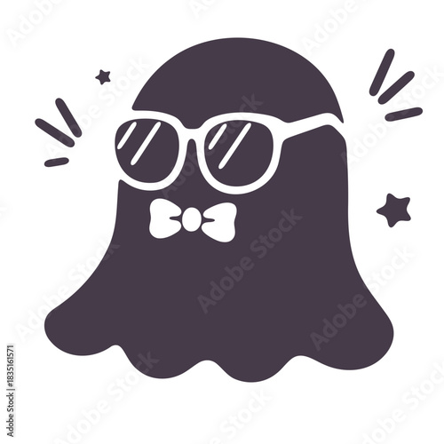 Illustration of a cool ghost wearing sunglasses and a bow tie with stars around it on a white background