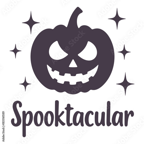 Illustration of a jack o lantern with stars and the word spooktacular below it in a stylized font