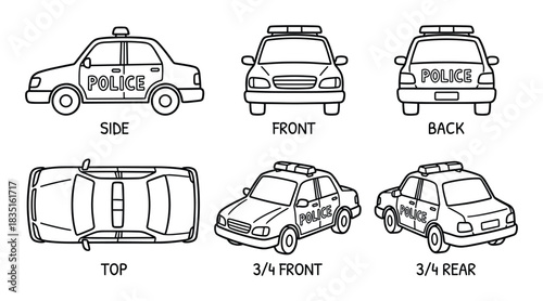 Various views of police vehicle including front, side, back, top, and three-quarter angles.