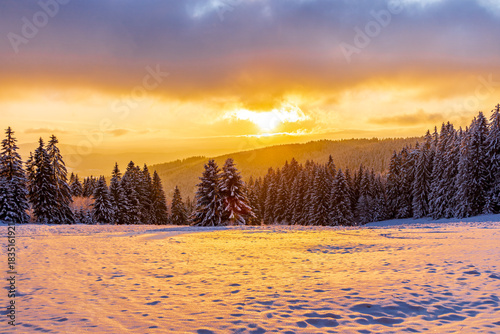 Winterwunderland im Thüringer Wald auf der Neuhöfer Wiese am Rennsteig bei einem wunderschönen Sonnenuntergang - Thüringen - Deutschland