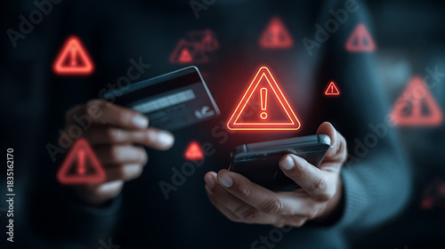 Person holding credit card and phone with warning symbols hands alert