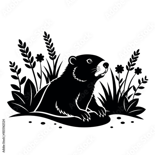 Black and white groundhog illustration emerging from burrow.