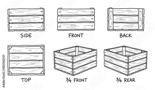 Wooden crate hand drawn sketch. Side view, front view, back view, top view, 3/4 front view, 3/4 rear view. Black and white outline illustration for packaging and shipping.