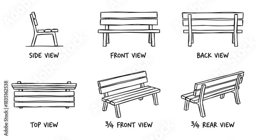 Wooden park bench views collection. Side, front, back, top, and 3/4 perspective sketches.