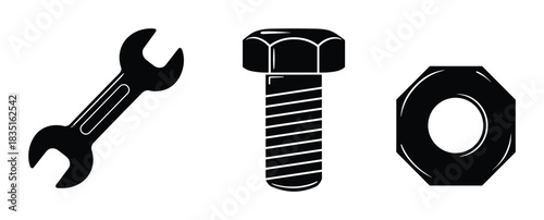 Wrench, bolt, and nut. Hardware tools for mechanical work and repairs.
