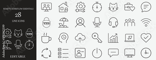 Remote Workflow Outline Icon Set. Containing VPN, home office, productivity, and collaboration symbols. Editable vector icon for HR app and management platforms
