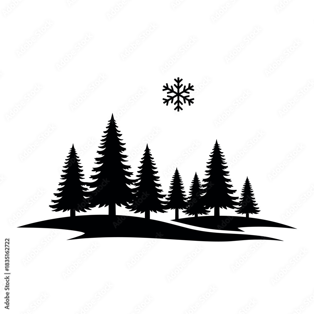 Obraz premium Winter Forest Pine Tree Silhouette with Snowflake.