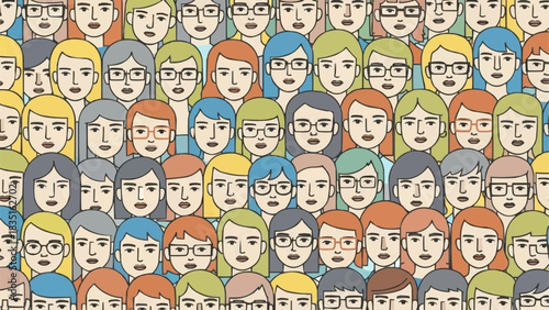 Diverse Crowd of People with Varied Hairstyles and Glasses.