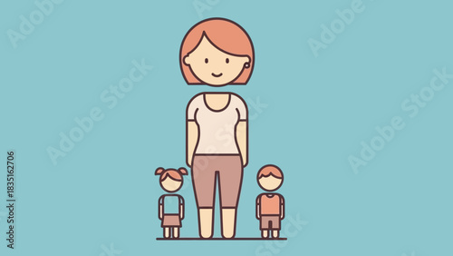 Stylized illustration of a caring mother standing with her two children, a boy and a girl, depicting a loving family bond