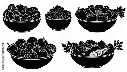 Collection of five bowls filled with various fresh vegetables and leafy greens, silhouetted against a white background.