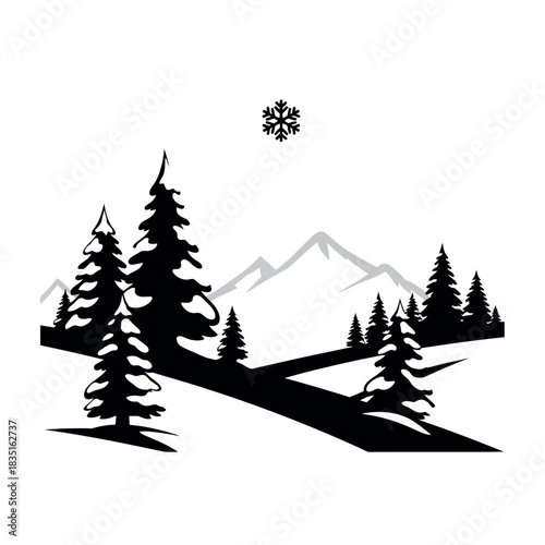 Winter forest landscape with snowcapped mountains and a snowflake.