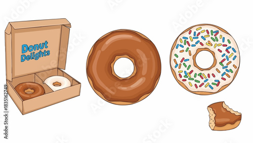 Illustrated collection of assorted donuts with various toppings.