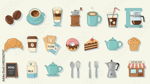 Coffee Shop Icons - A Collection of Beverages, Pastries, and Equipment.