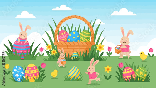 Happy Easter celebration with cute bunnies and decorated eggs in a basket on green grass with flowers and blue sky