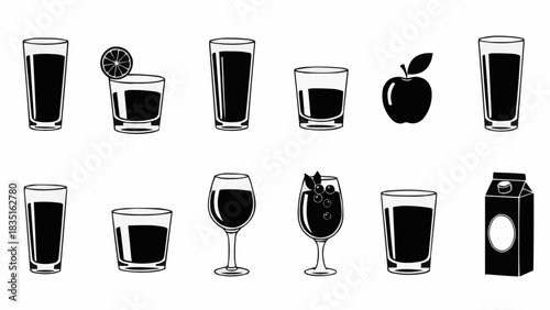 Collection of various drink glasses and a juice carton in black and white.