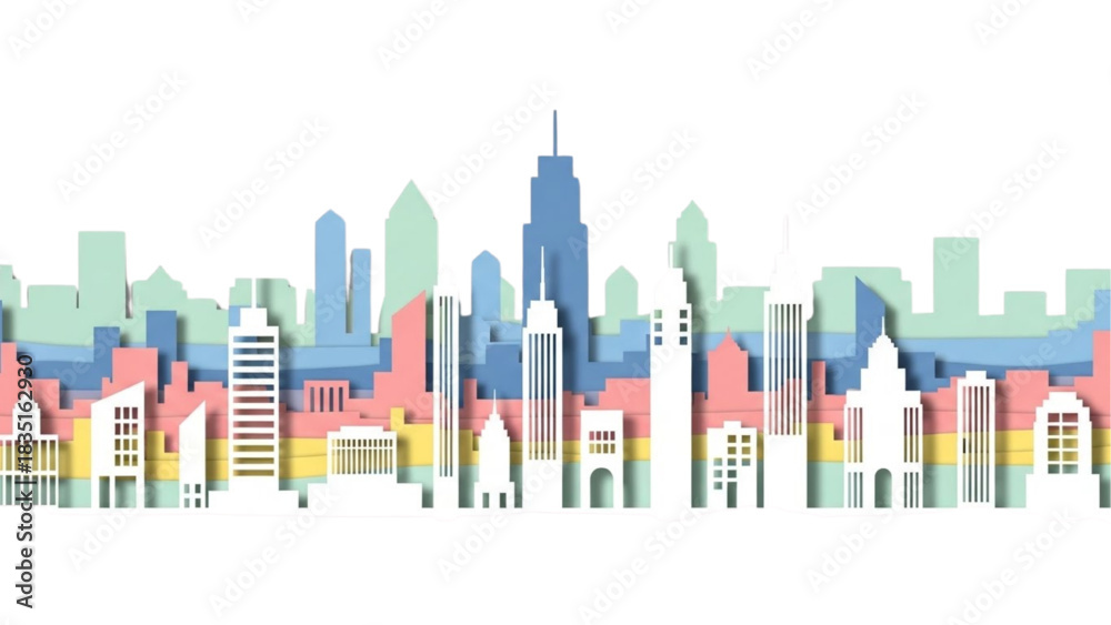 Obraz premium Abstract 3D Paper Cut City Skyline Background with Layered Architecture and Pastel Colors.